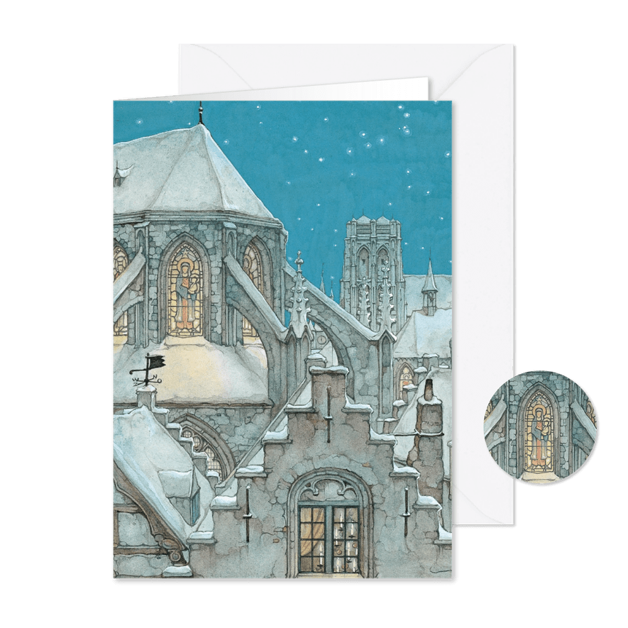 Kerstkaart besneeuwde kerk bij nacht - Kaartimpressie