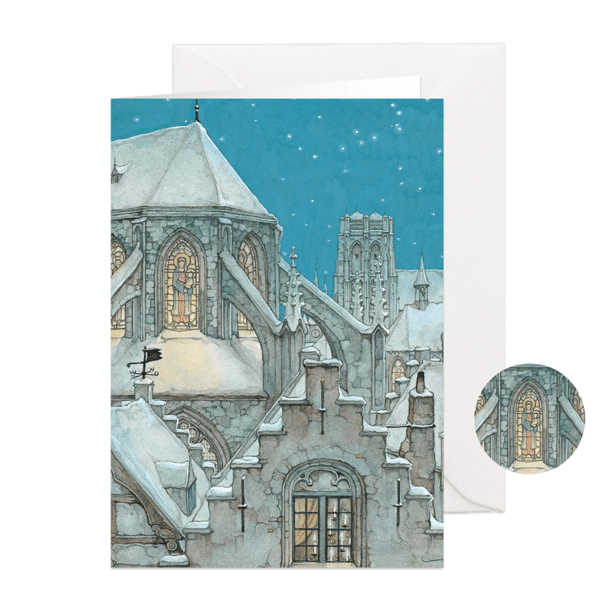 Kerstkaart besneeuwde kerk bij nacht - Kaartimpressie