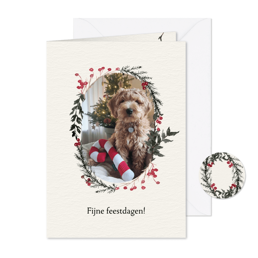 Kerstkaart bessenkrans ovaal met foto - Kaartimpressie