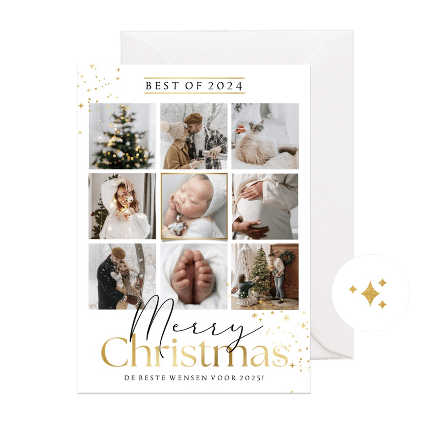 Kerstkaart 'Best of' collagekaart goudlook sterrenstof - Kaartimpressie