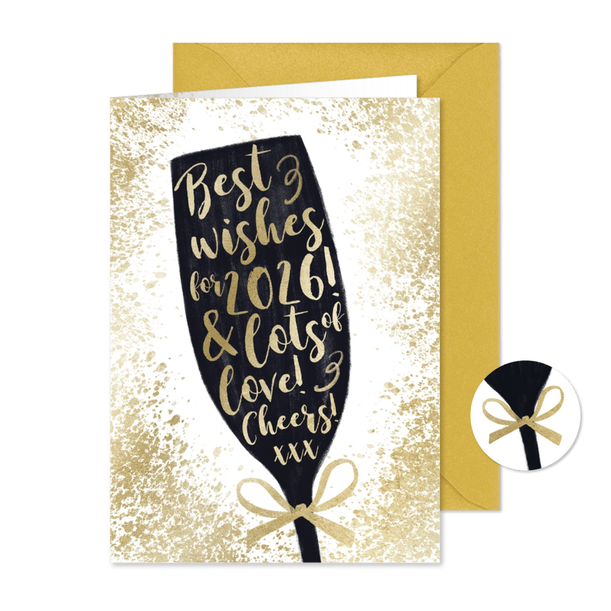 Kerstkaart 'Best Wishes' goudlook champagneglas strik - Kaartimpressie