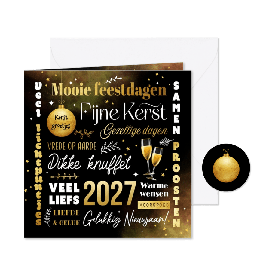 Kerstkaart beste wensen typografie goud kerstbal champagne - Kaartimpressie