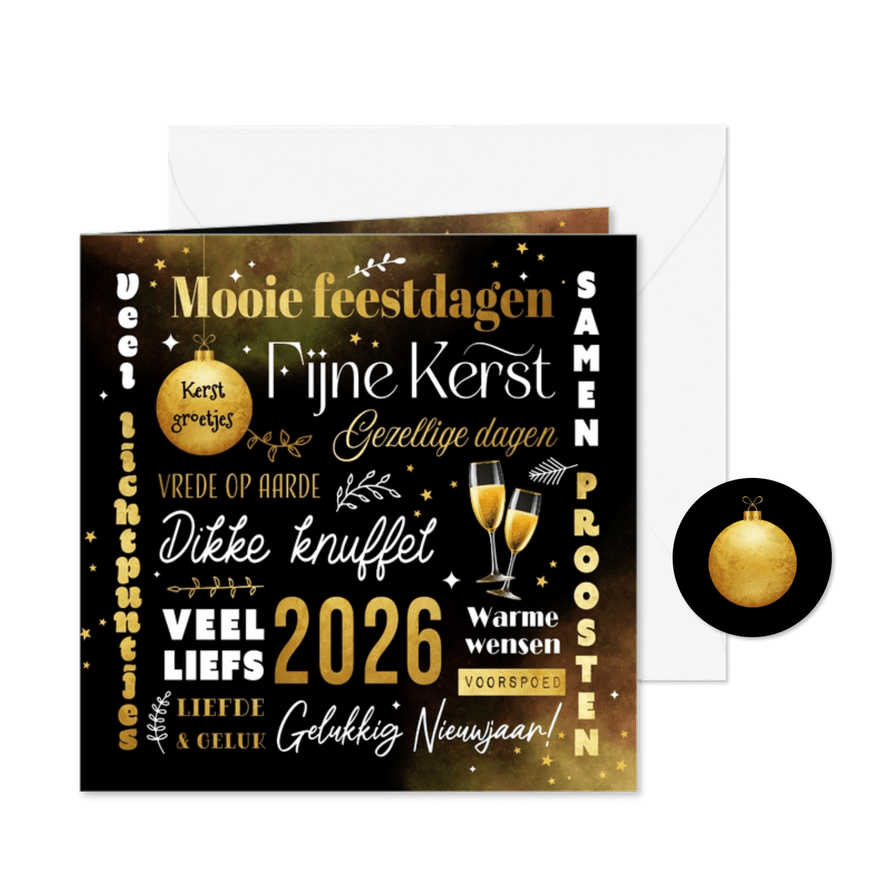 Kerstkaart beste wensen typografie goud kerstbal champagne - Kaartimpressie