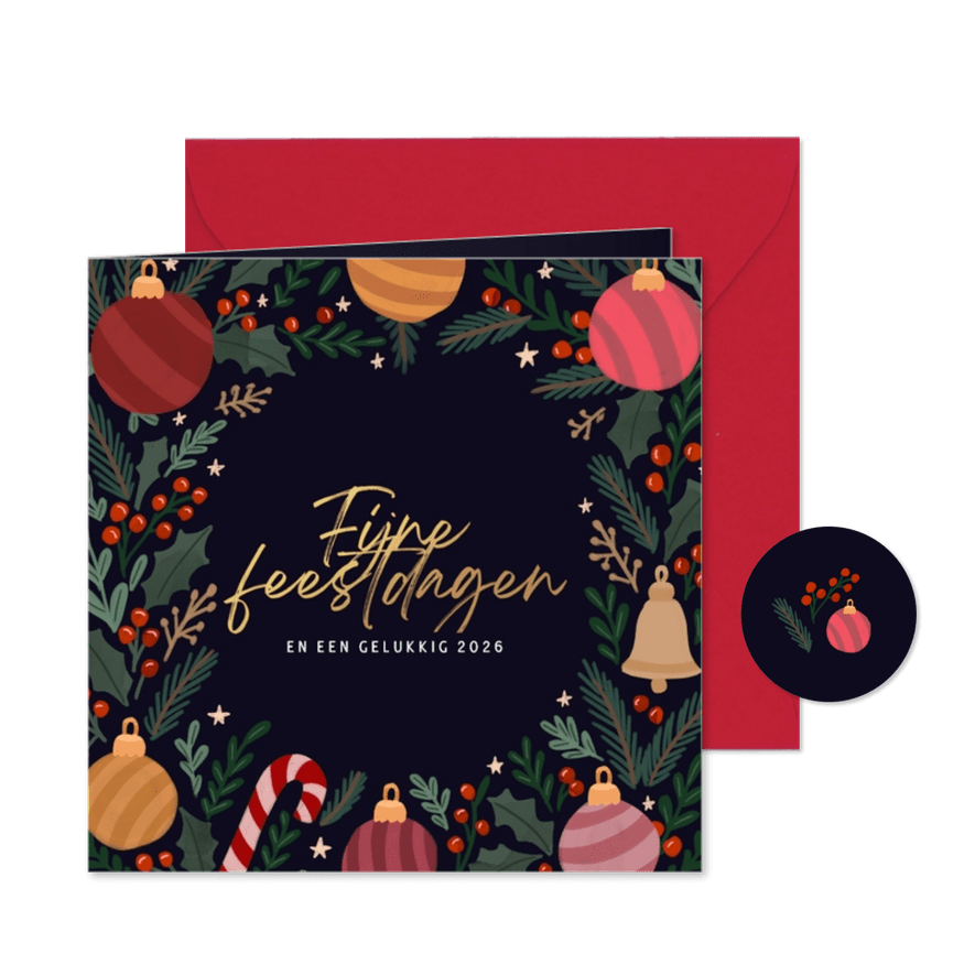 Kerstkaart binnenkant kerstkrans met ornamenten - Kaartimpressie