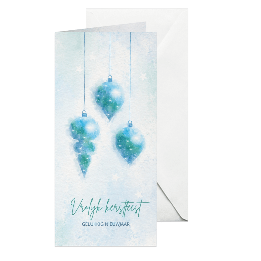 Kerstkaart blauw-groen aquarel met 3 kerstballen - Kaartimpressie