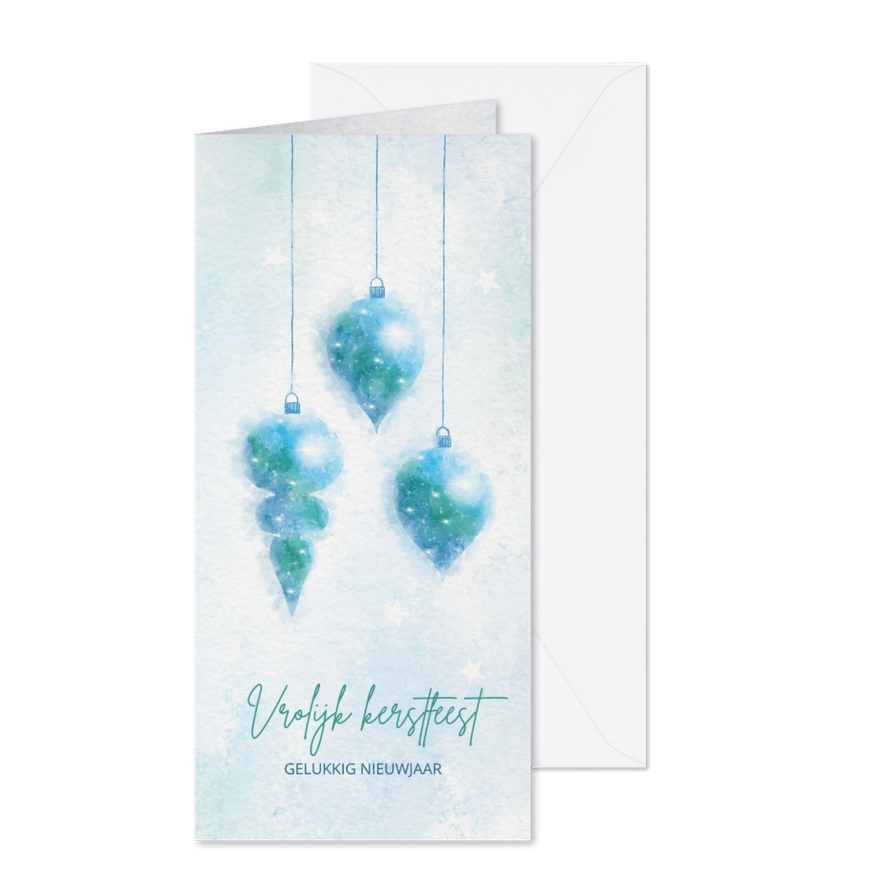 Kerstkaart blauw-groen aquarel met 3 kerstballen - Kaartimpressie