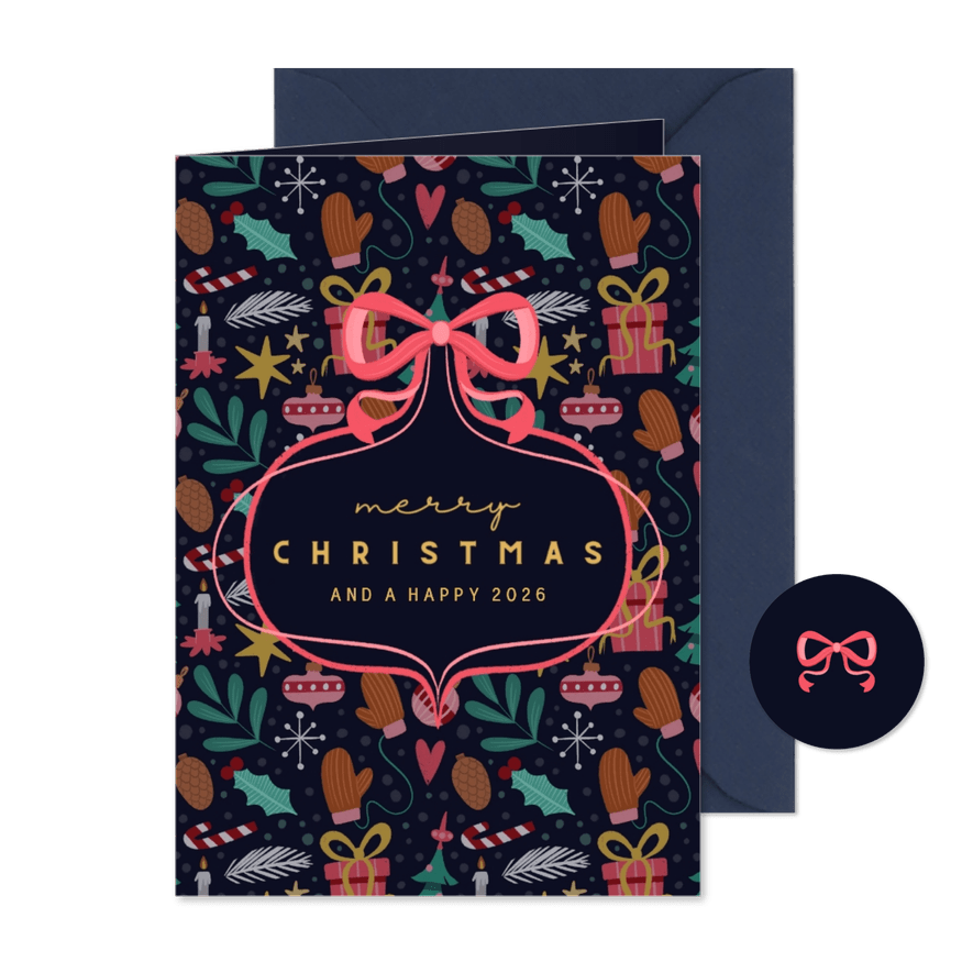 Kerstkaart blauw met patroon en strik rechthoek - Kaartimpressie