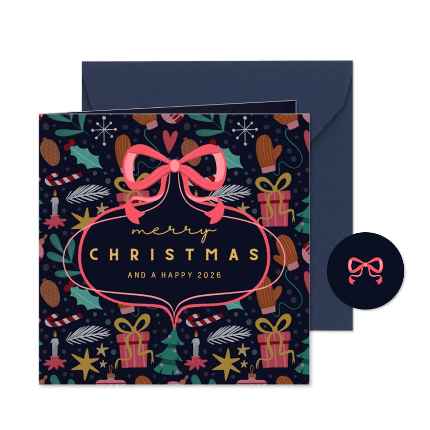 Kerstkaart blauw met patroon en strik - Kaartimpressie