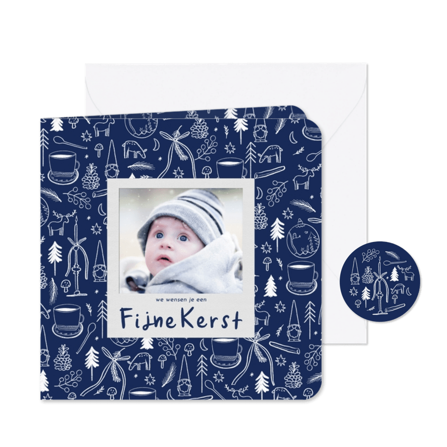 Kerstkaart blauw wit lijntekeningen eigen foto fijne kerst - Kaartimpressie