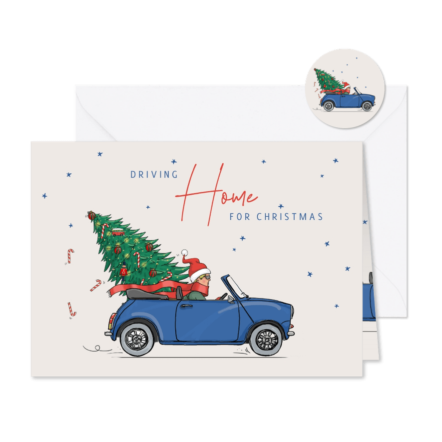 Kerstkaart blauwe cabrio met kerstboom - Kaartimpressie