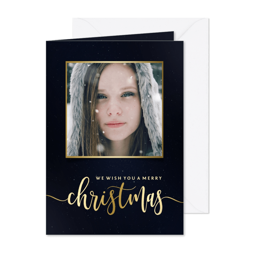Kerstkaart blauwe galaxy met gouden accenten en foto - Kaartimpressie