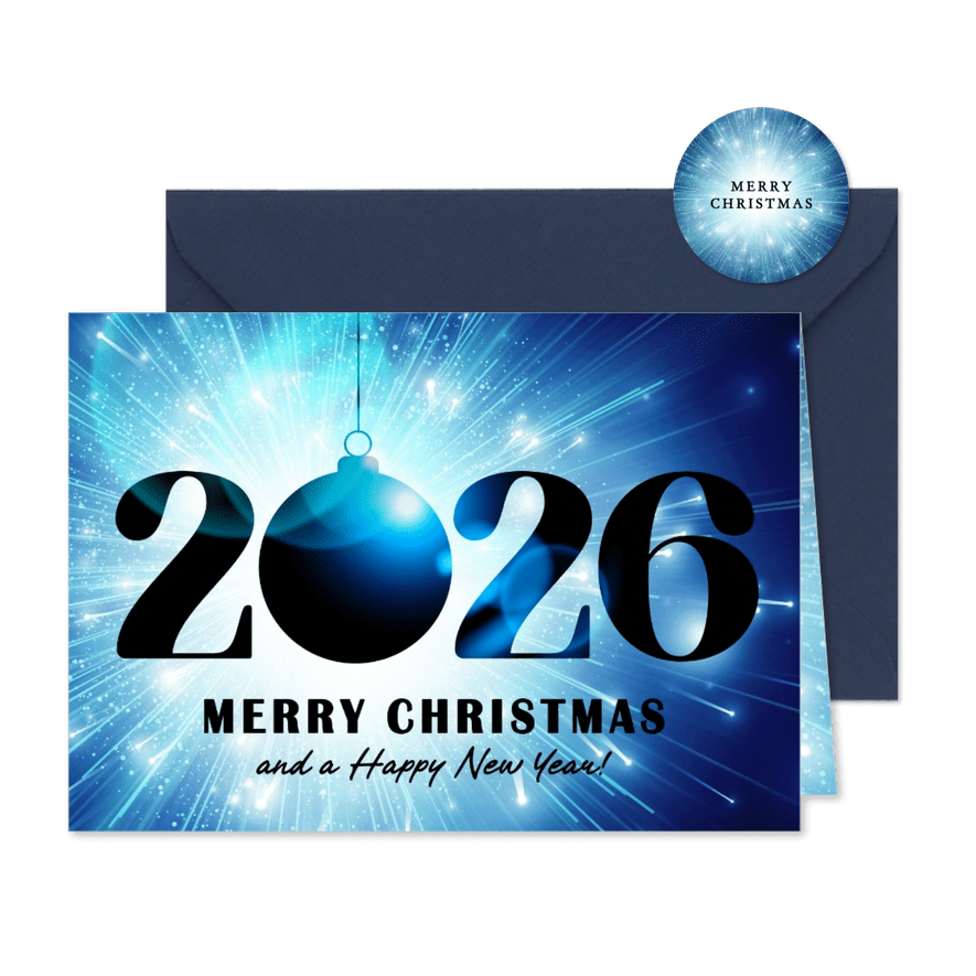 Kerstkaart blauwe kerstbal in licht 2026 - Kaartimpressie