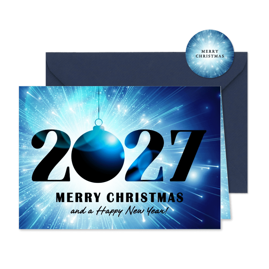 Kerstkaart blauwe kerstbal in licht 2027 - Kaartimpressie