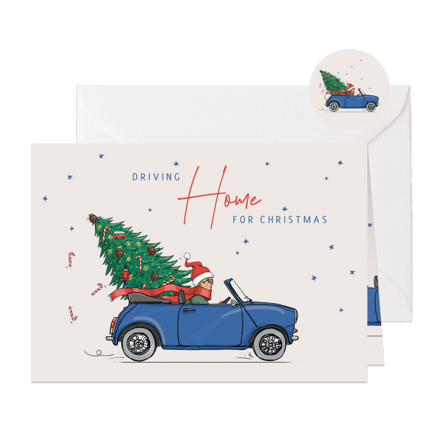 Kerstkaart blauwe mini cabrio met kerstboom - Kaartimpressie