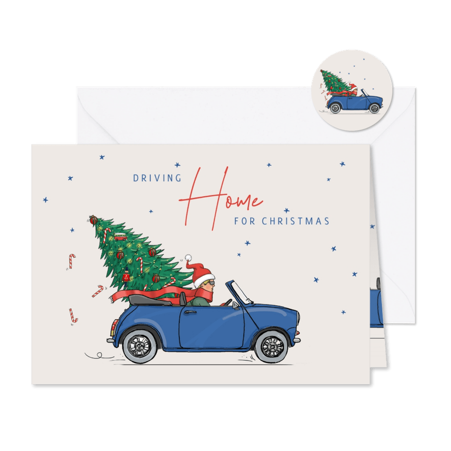 Kerstkaart blauwe mini cabrio met kerstboom - Kaartimpressie