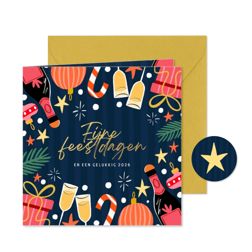 Kerstkaart blauwe streep en roze figuren - Kaartimpressie