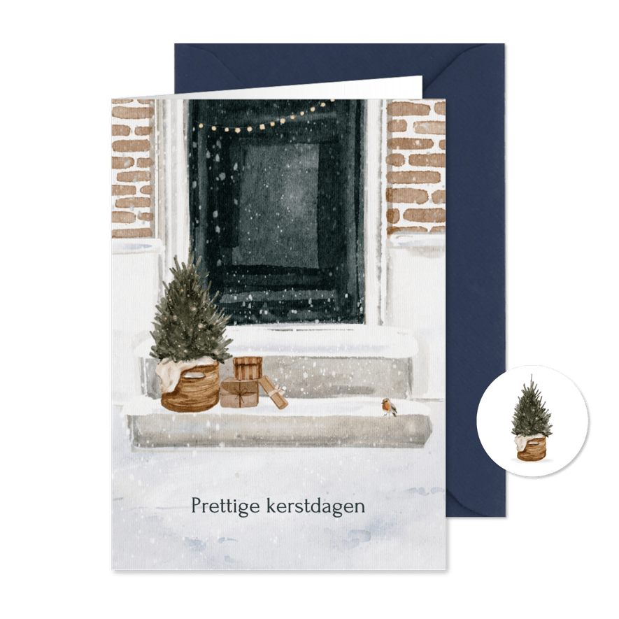 Kerstkaart blauwe voordeur cadeautjes kerstboom  - Kaartimpressie