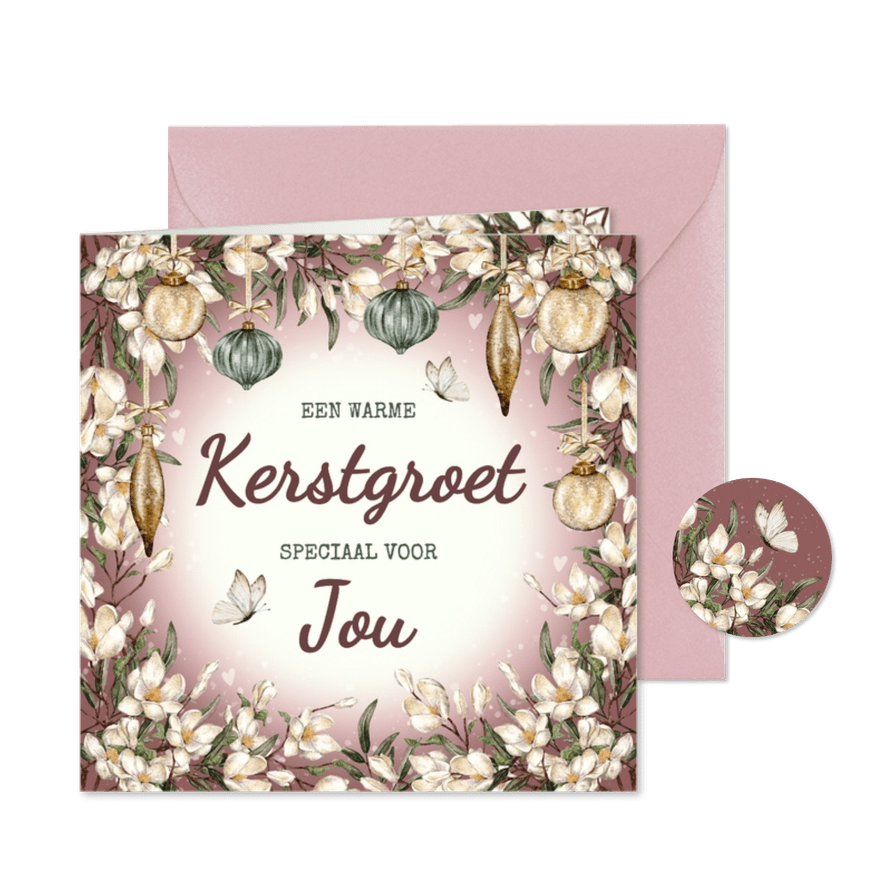 Kerstkaart bloemenkrans met vlinders en hartjes - Kaartimpressie