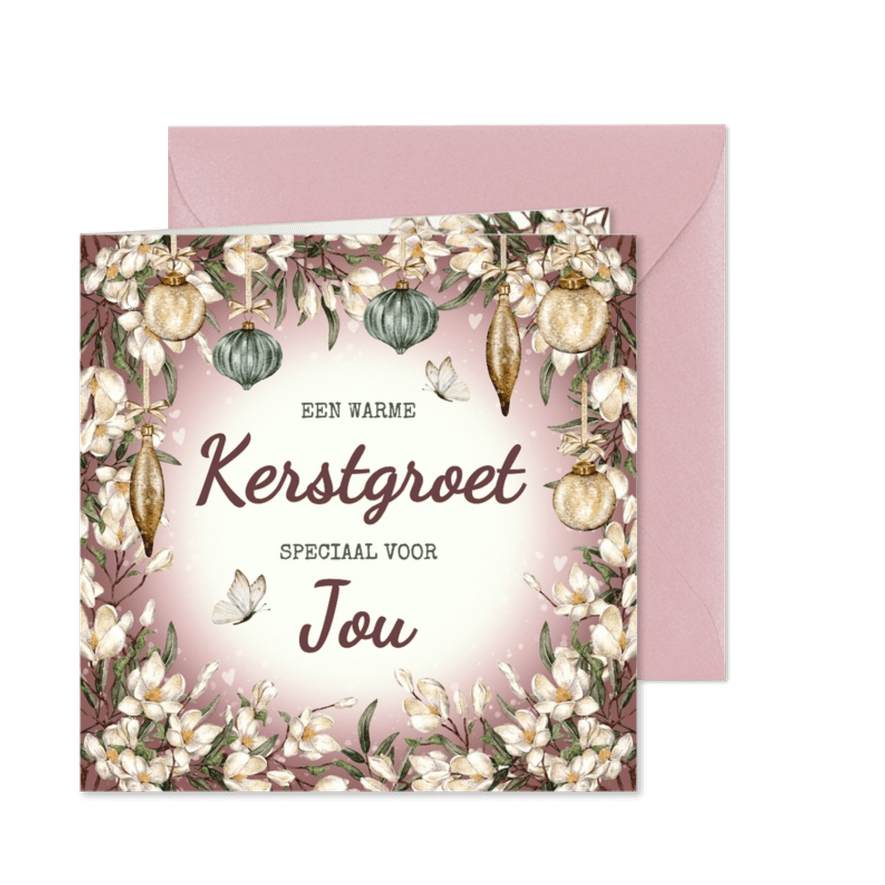 Kerstkaart bloemenkrans met vlinders en hartjes - Kaartimpressie