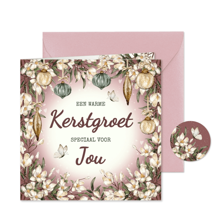 Kerstkaart bloemenkrans met vlinders en hartjes - Kaartimpressie