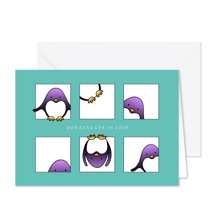 Kerstkaart blokjes pinguins doe eens gek in 2026 - Kaartimpressie