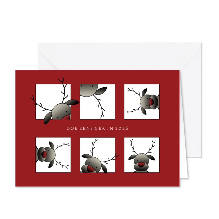 Kerstkaart blokjes rendieren doe eens gek in 2026 - Kaartimpressie