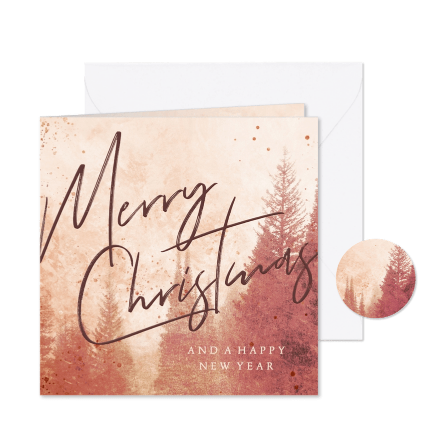 Kerstkaart blush met kerstbomen Merry Christmas - Kaartimpressie