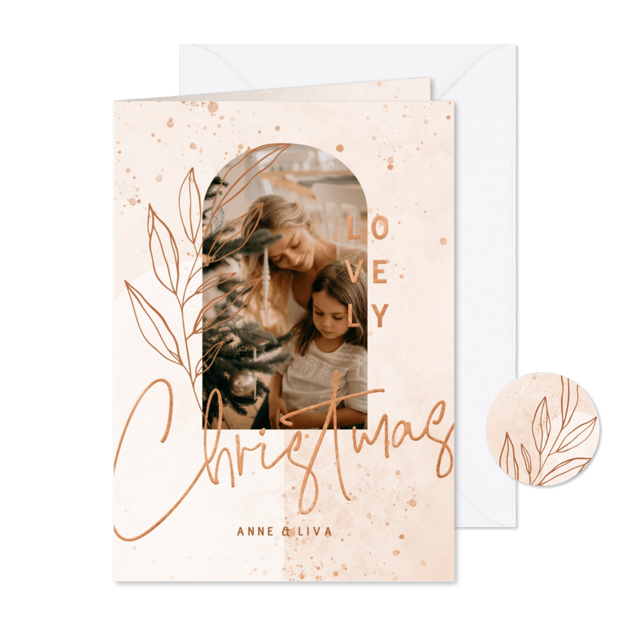 Kerstkaart bohemian lichtroze met koper en foto - Kaartimpressie