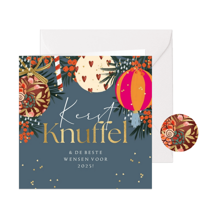 Kerstkaart bonte kerstboom kerstbal kerstknuffel goud hartje - Kaartimpressie