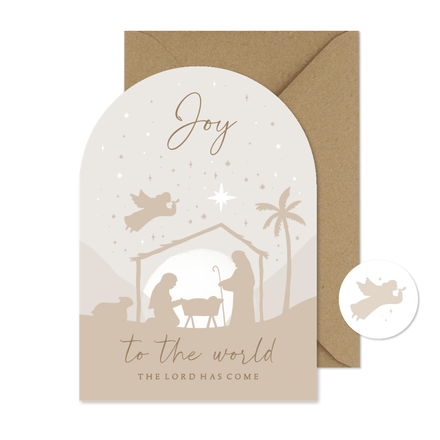 Kerstkaart boogvorm beige kerststal engel sterren - Kaartimpressie