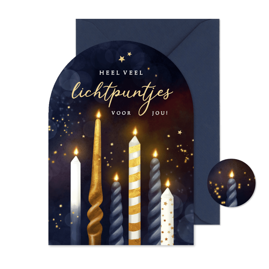 Kerstkaart boogvorm kaarsen sprankelend lichtpuntjes. - Kaartimpressie