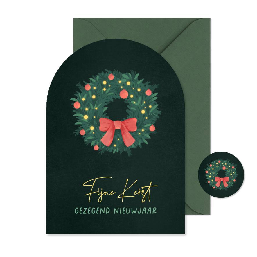 Kerstkaart boogvorm kerstkrans strik christelijk feestdagen - Kaartimpressie