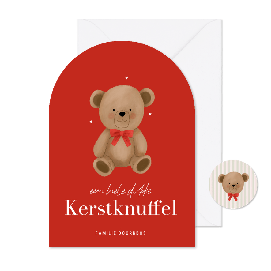 Kerstkaart boogvorm rood teddybeer kerstknuffel hartjes - Kaartimpressie