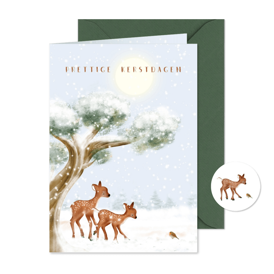 Kerstkaart boom, hertjes en roodborst in de sneeuw - Kaartimpressie