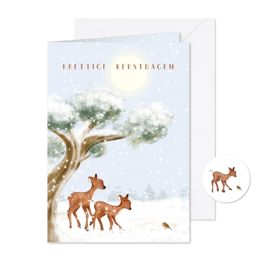 Kerstkaart boom, hertjes en roodborst in de sneeuw - Kaartimpressie