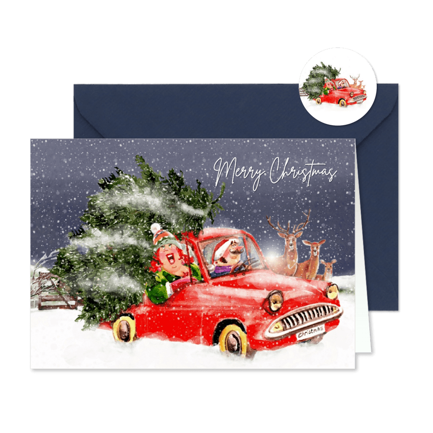 Kerstkaart boom op het dak van de auto - Kaartimpressie