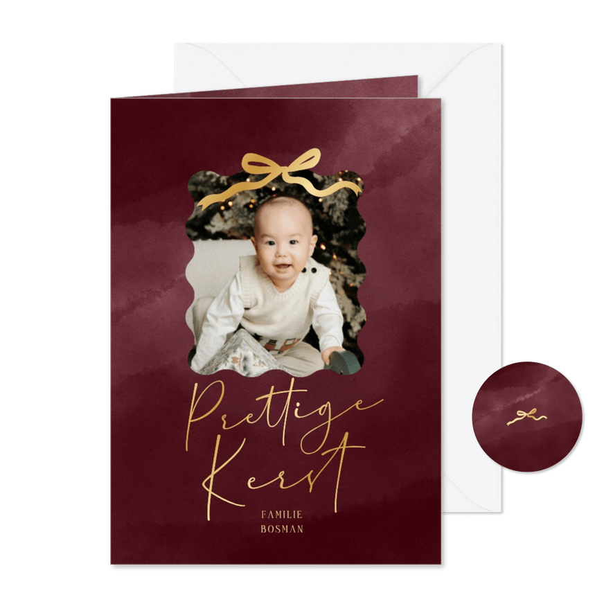 Kerstkaart bordeaux gouden strik foto prettige kerst - Kaartimpressie