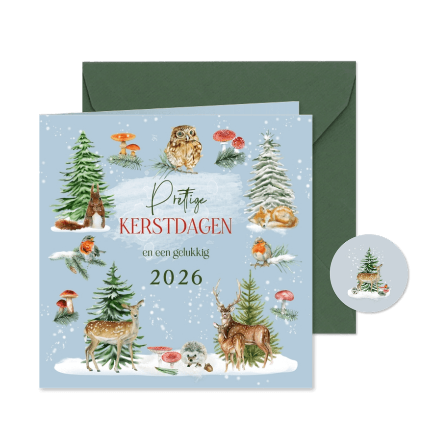 Kerstkaart bosdieren kerstboom winterlandschap - Kaartimpressie