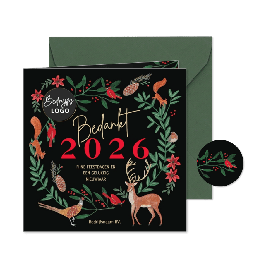 Kerstkaart bosdieren kerstkrans met jaartal - Kaartimpressie