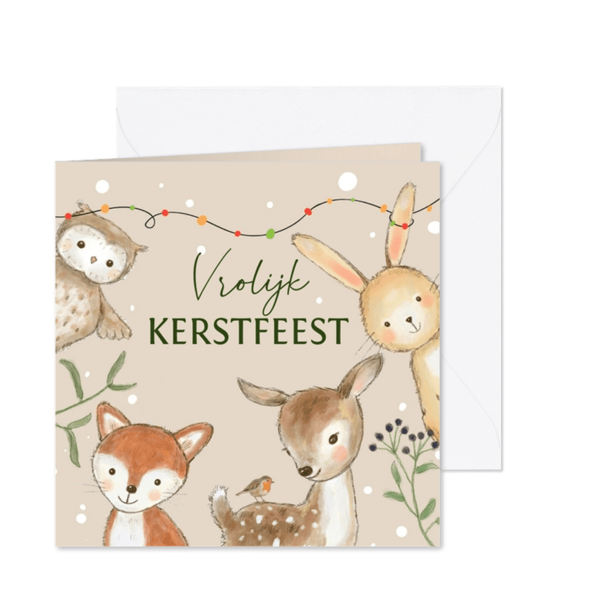Kerstkaart - Bosdieren met kerstlampjes - Kaartimpressie