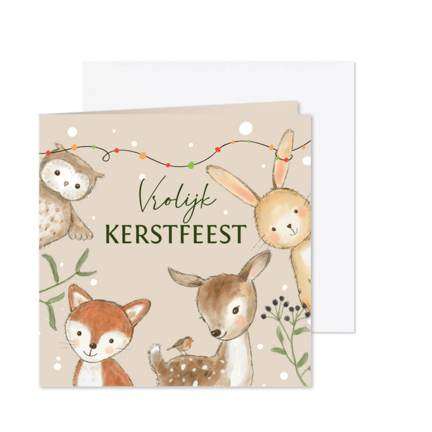 Kerstkaart - Bosdieren met kerstlampjes - Kaartimpressie