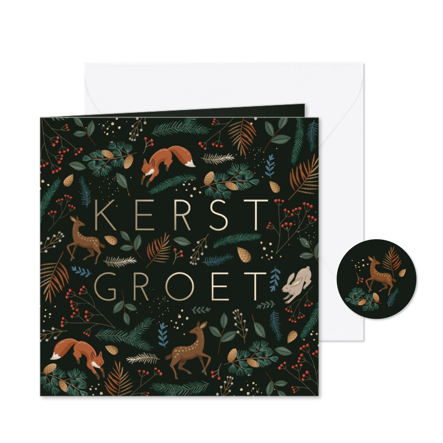 Kerstkaart bosdieren met takjes - Kaartimpressie