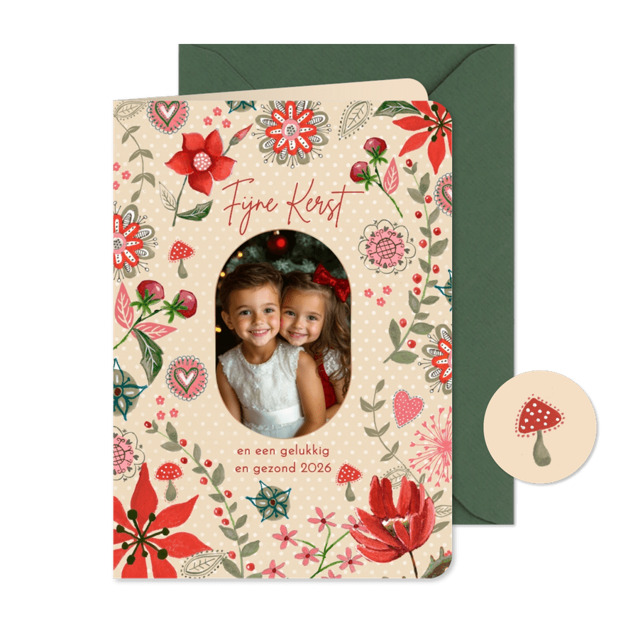 Kerstkaart botanisch beige stippen met bloemen - Kaartimpressie