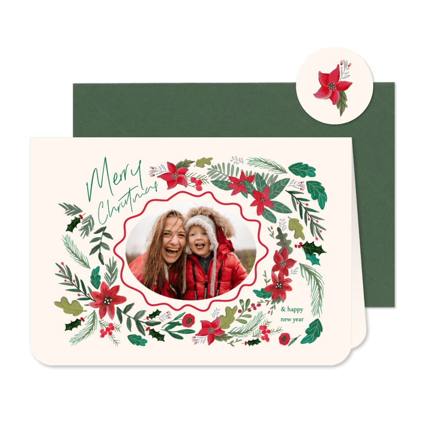 Kerstkaart Botanisch bloemen en schulp rand ovaal - Kaartimpressie