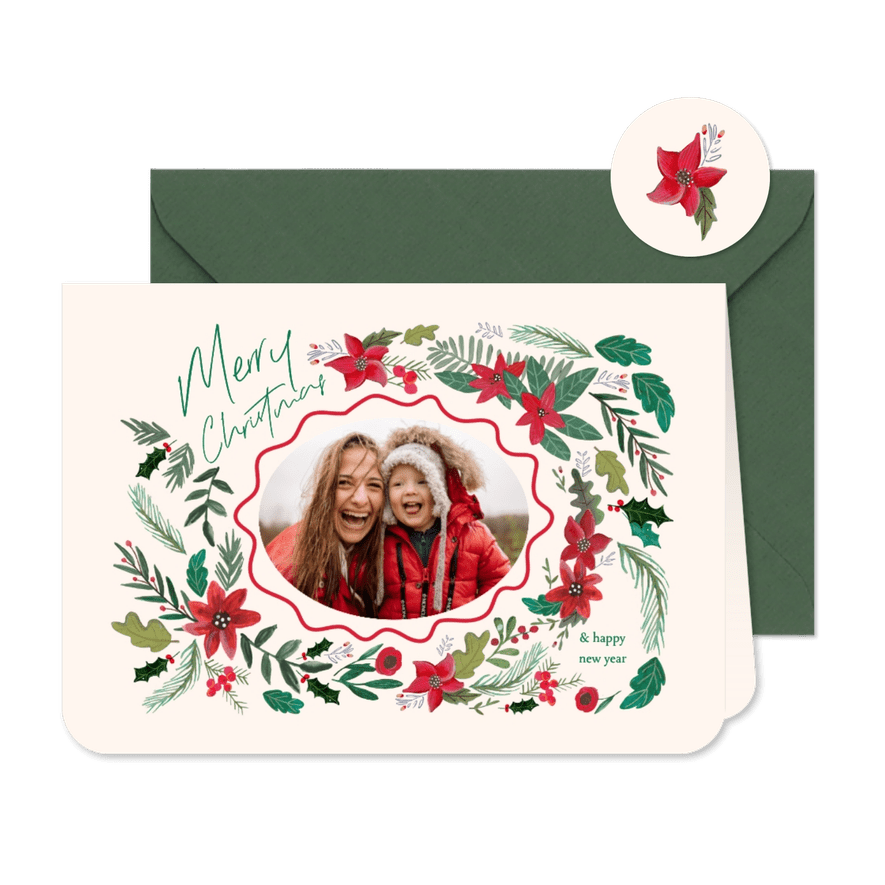 Kerstkaart Botanisch bloemen en schulp rand ovaal - Kaartimpressie