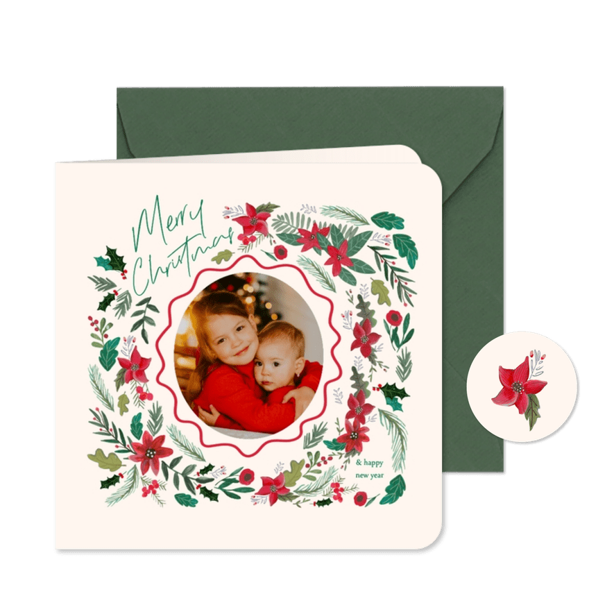 Kerstkaart Botanisch bloemen en schulp rand vierkant - Kaartimpressie