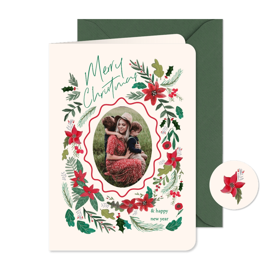 Kerstkaart botanisch bloemen en schulp rand - Kaartimpressie