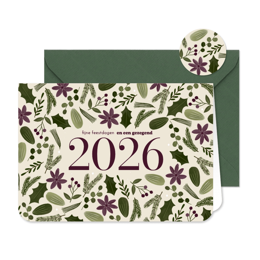 Kerstkaart botanisch bloemen groot jaartal beige  - Kaartimpressie