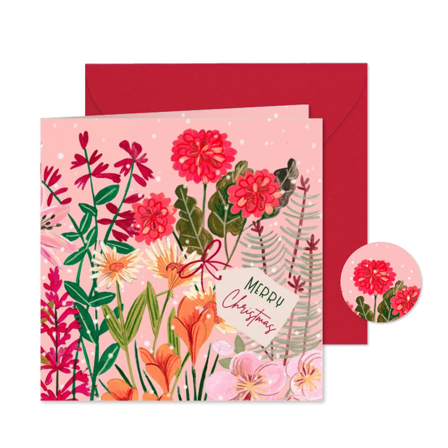 Kerstkaart botanisch bloemen in de sneeuw - Kaartimpressie