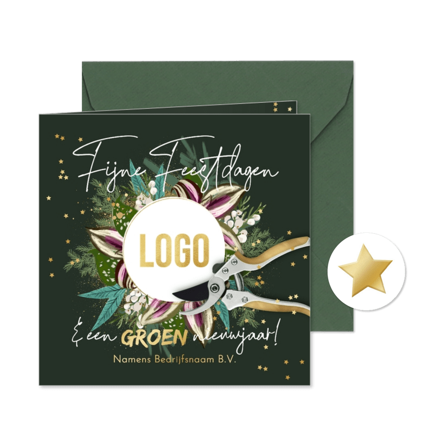 Kerstkaart botanisch bloemen snoeischaar sterretjes in goud - Kaartimpressie